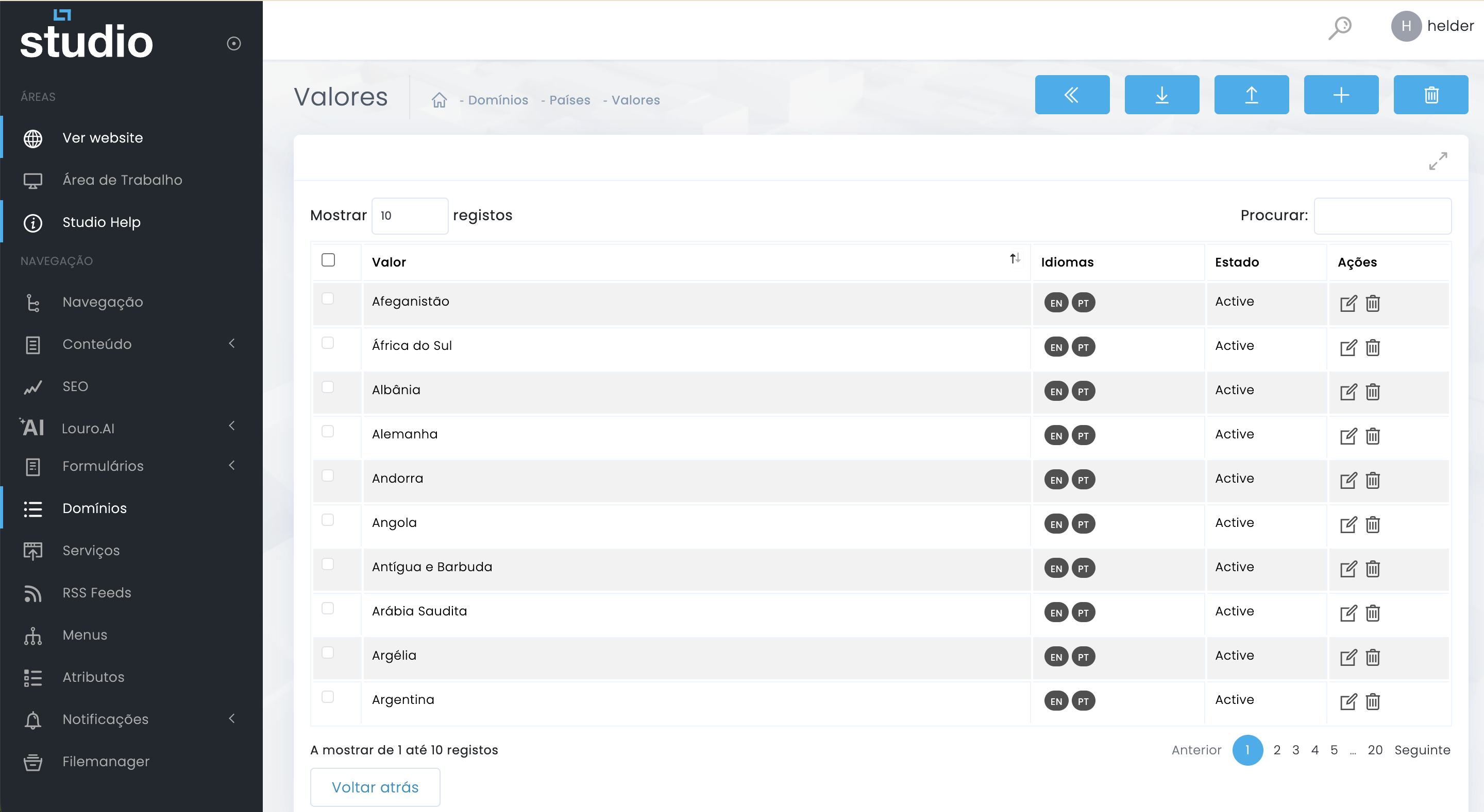 Listagem de valores associados a um domínio no Studio CMS